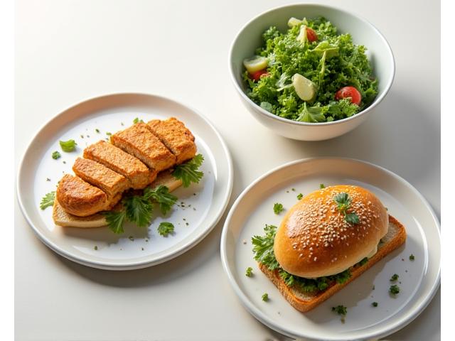 Plat dengan sandwic ayam panggang, roti bakar dengan kaya dan mentega, dan salad hijau segar.